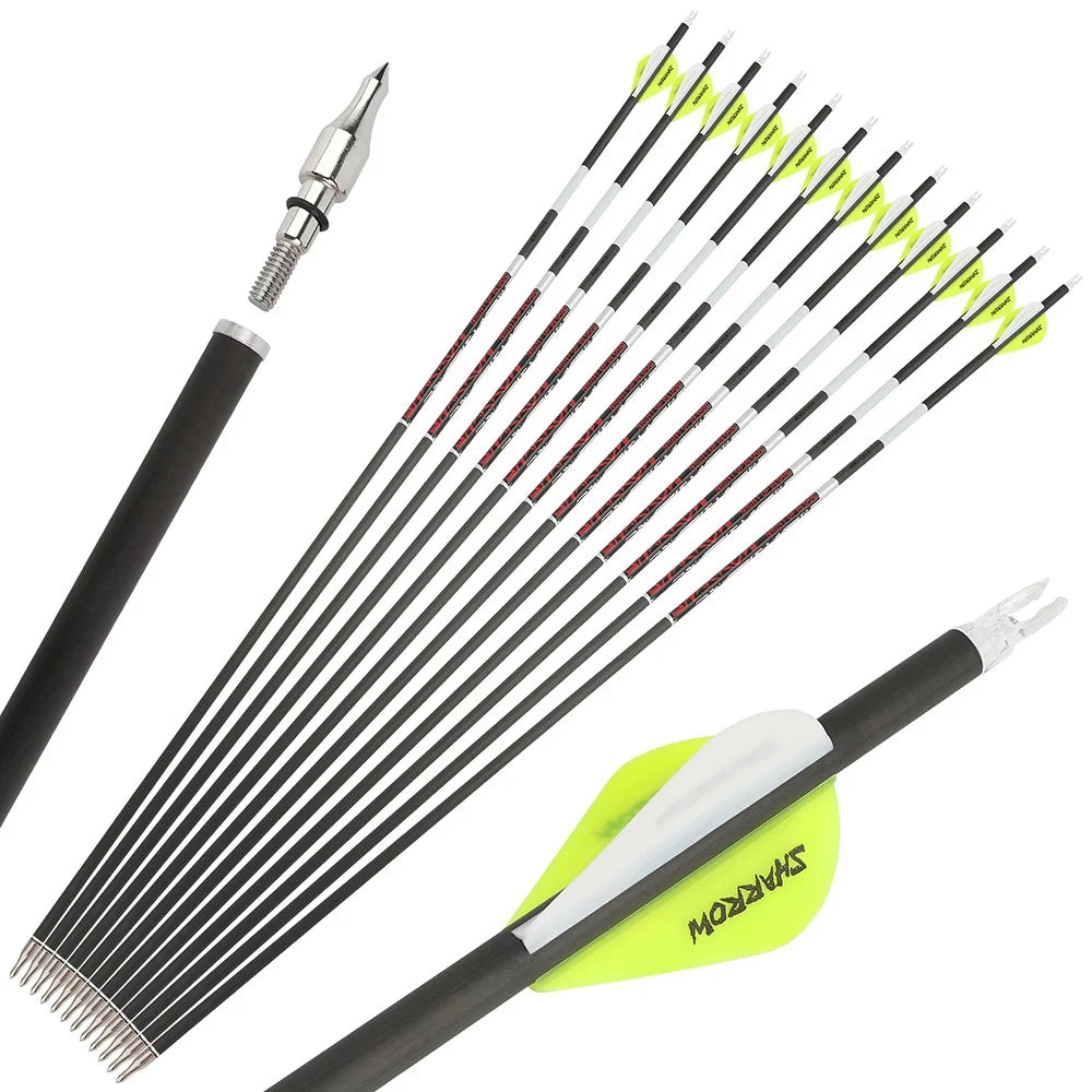 Pure Carbon Arrows 12Pcs Multi-Spine 300/400/500 ±0.003" Straightness 6.2mm ID for Recurve & Compound Bow Practice & Hunting