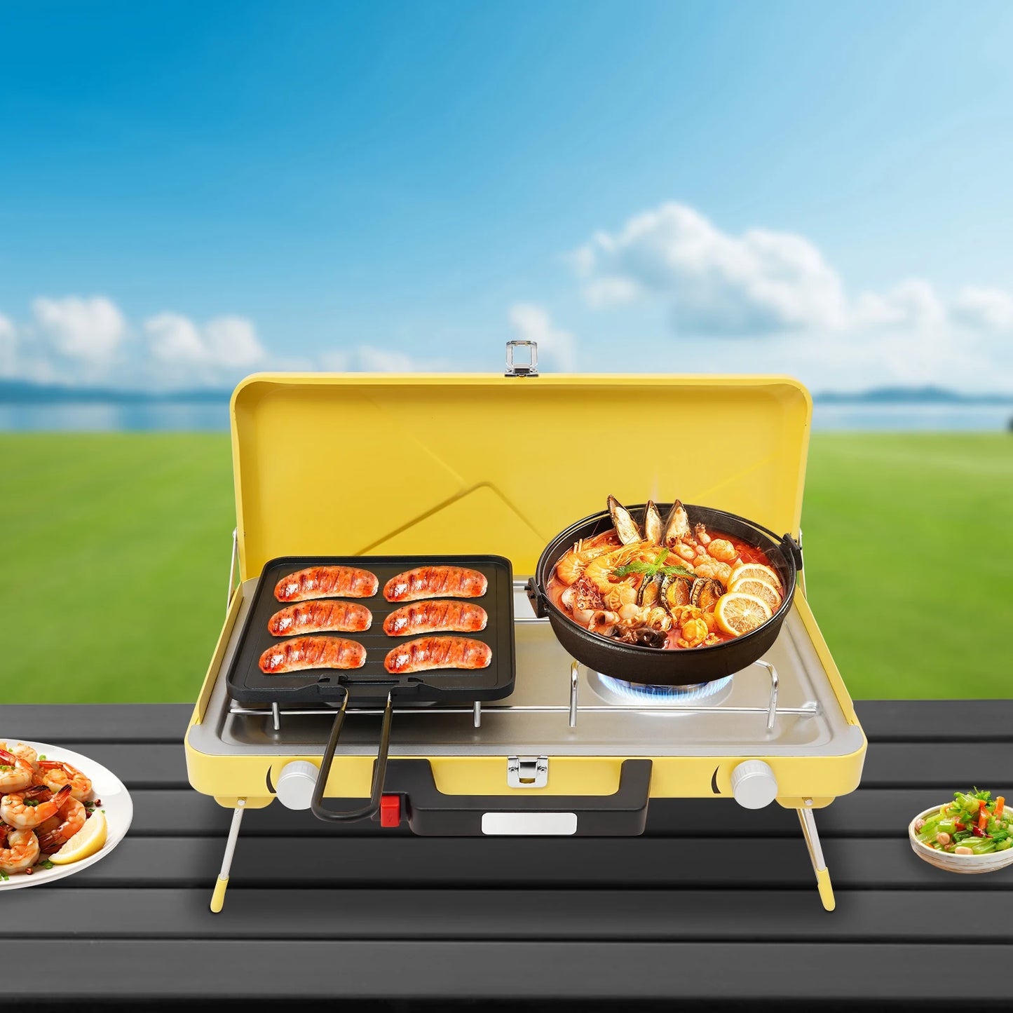 Dual Burner Outdoor Gas Stove 2×3500W Folding Portable Camping Stove Windproof Piezo Ignition Stainless Steel Cooker with Non-stick Tray for Picnic Hiking