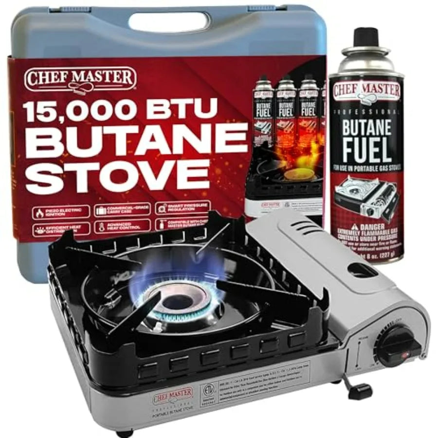 Portable camp stove for emergencies, tailgating, hiking, backpacking camping: 15, 000 BTU butane burner with double wind-guard