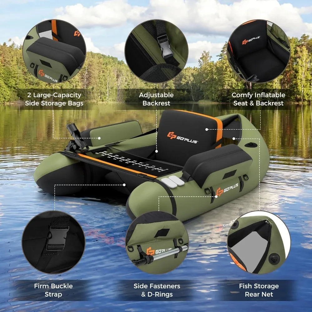 Inflatable Fishing Float Tube Belly Boat with Pump and Storage Bag Adjustable Straps Fish Ruler for Anglers 350LBS