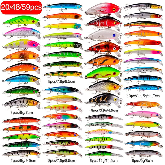 20/48/59pcs Set of Baits Mixed Hard Baits, Rock Bass, Hard Baits Fishing Tackle