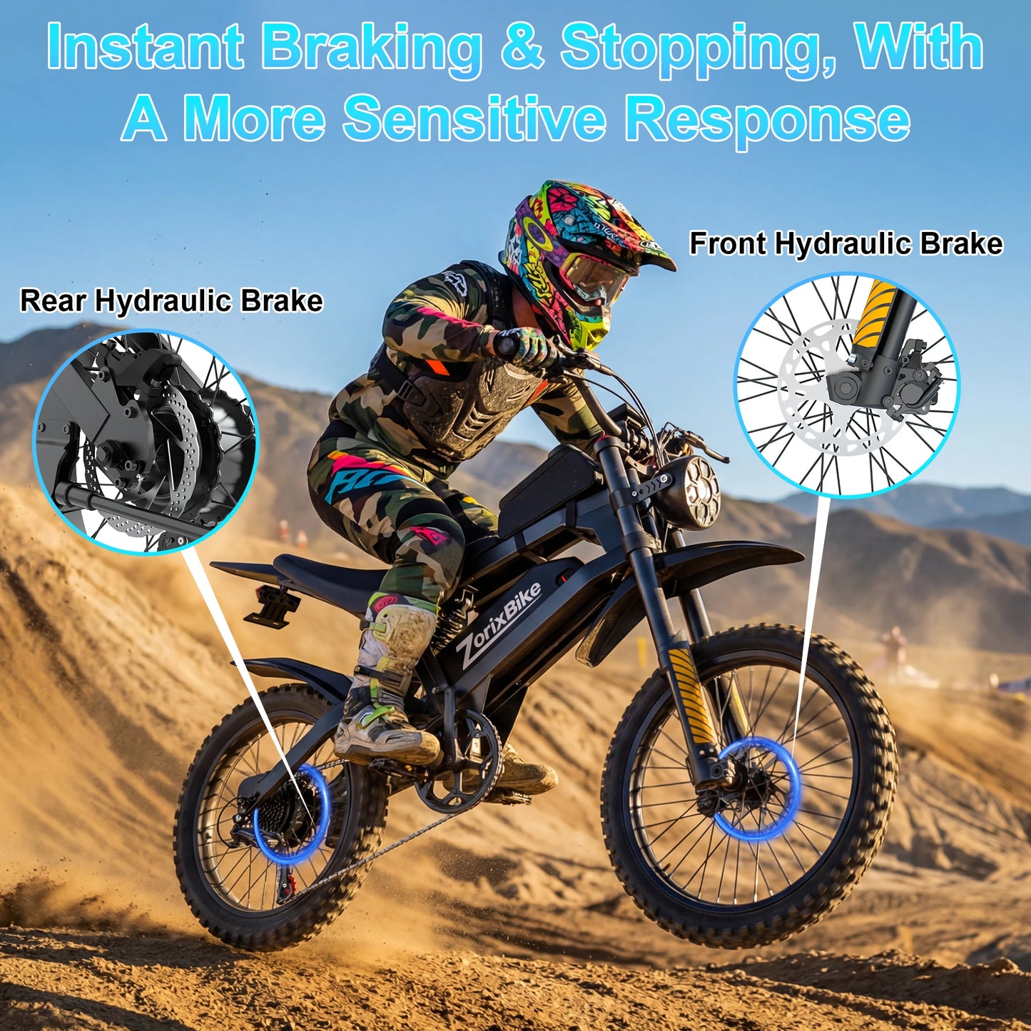 ZorixBike R8Max Adult Ebike 3000W Motor 35 MPH 48V 20Ah Lithium-Ion Battery 40-80 Mile Range Front 19"/ Rear 17"  Off-Road Tires