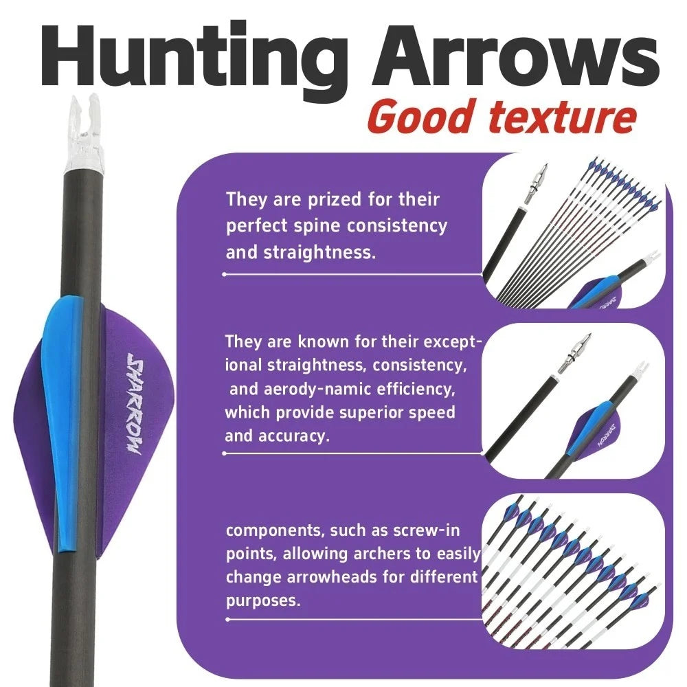 Pure Carbon Arrows 12Pcs Multi-Spine 300/400/500 ±0.003" Straightness 6.2mm ID for Recurve & Compound Bow Practice & Hunting