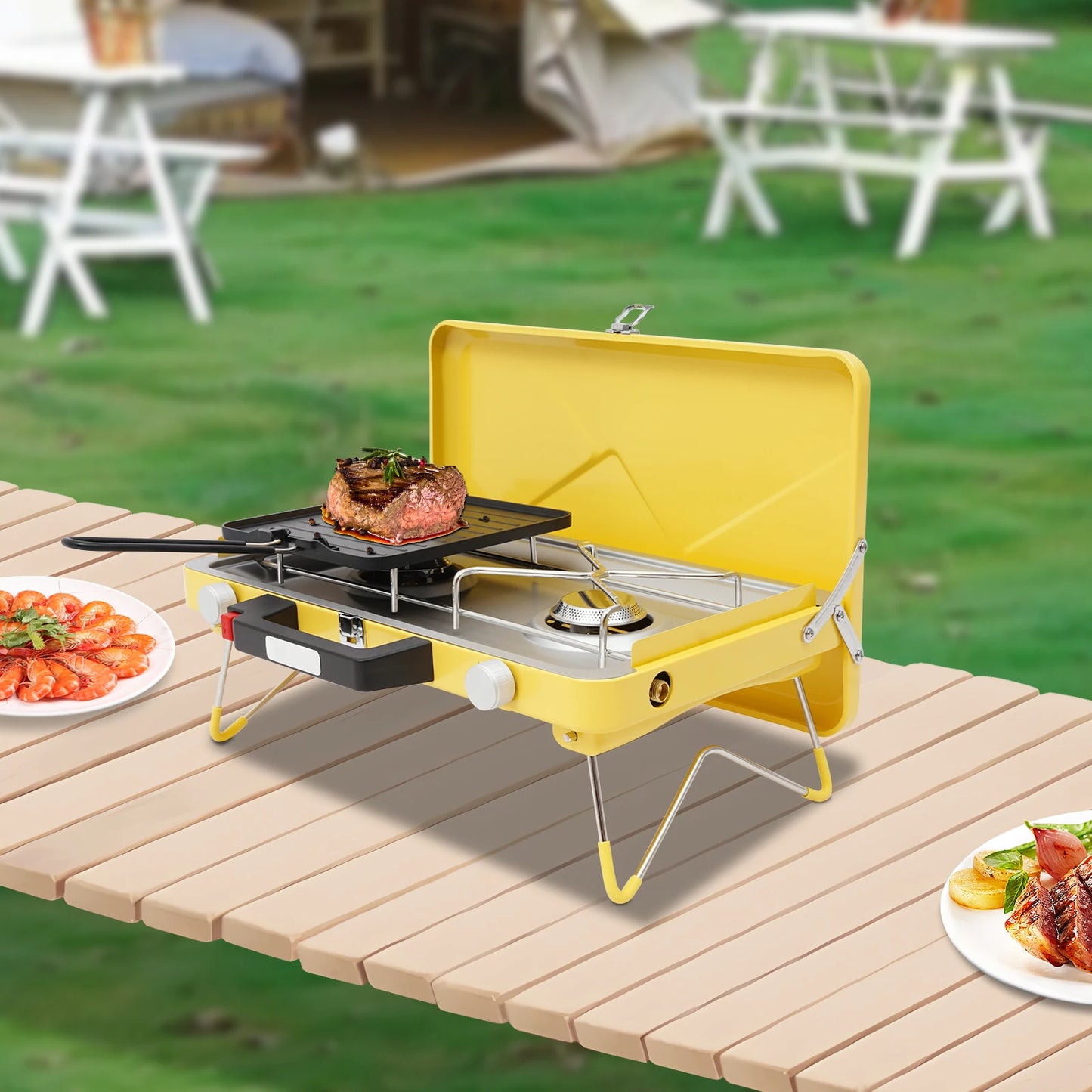 Dual Burner Outdoor Gas Stove 2×3500W Folding Portable Camping Stove Windproof Piezo Ignition Stainless Steel Cooker with Non-stick Tray for Picnic Hiking