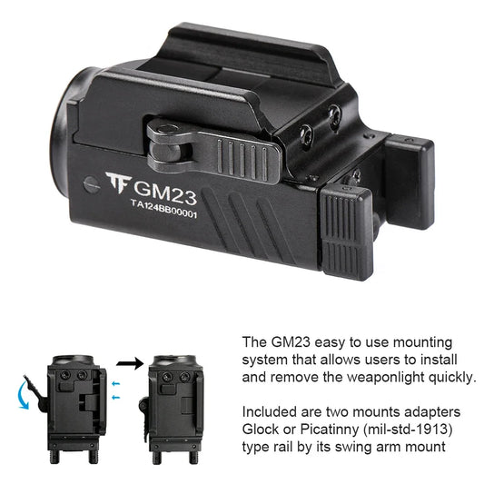 TrustFire GM23 Tactical LED Flashlights 800 Lumens Quick Release Glock Light 2 modes Rail Mounted Compact USB Rechargeable Torch