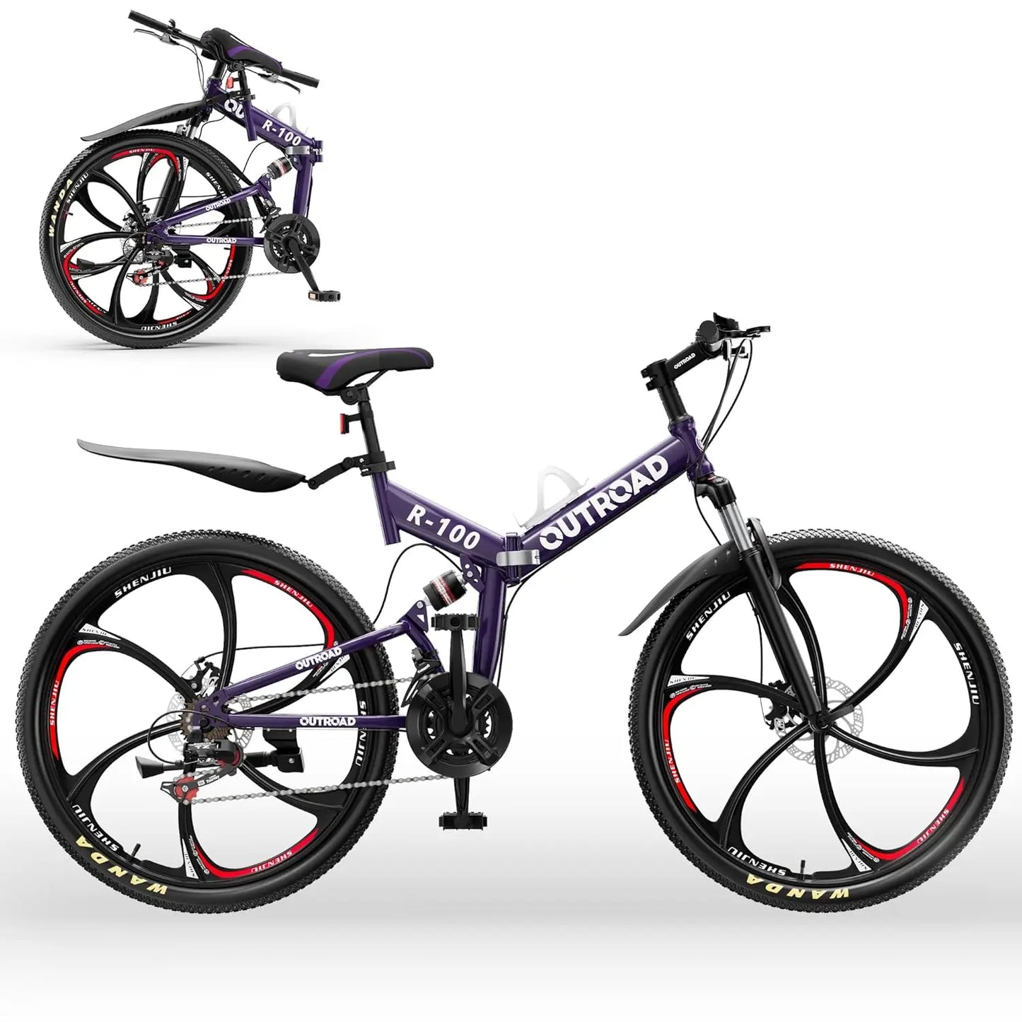 Outroad 26 Inch Folding Mountain Bike, 21 Speed Full Suspension High-Carbon Steel MTB Foldable Bicycle, Dual Disc, Customized