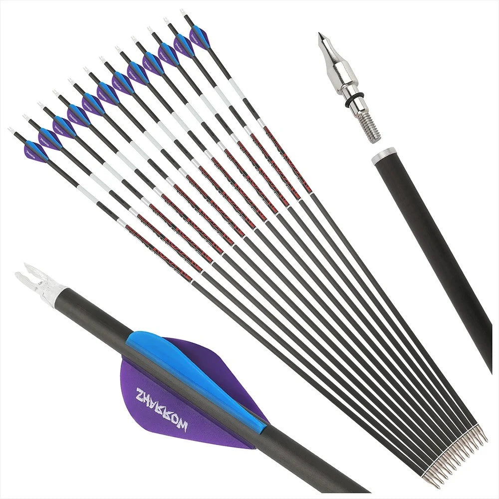 Pure Carbon Arrows 12Pcs Multi-Spine 300/400/500 ±0.003" Straightness 6.2mm ID for Recurve & Compound Bow Practice & Hunting