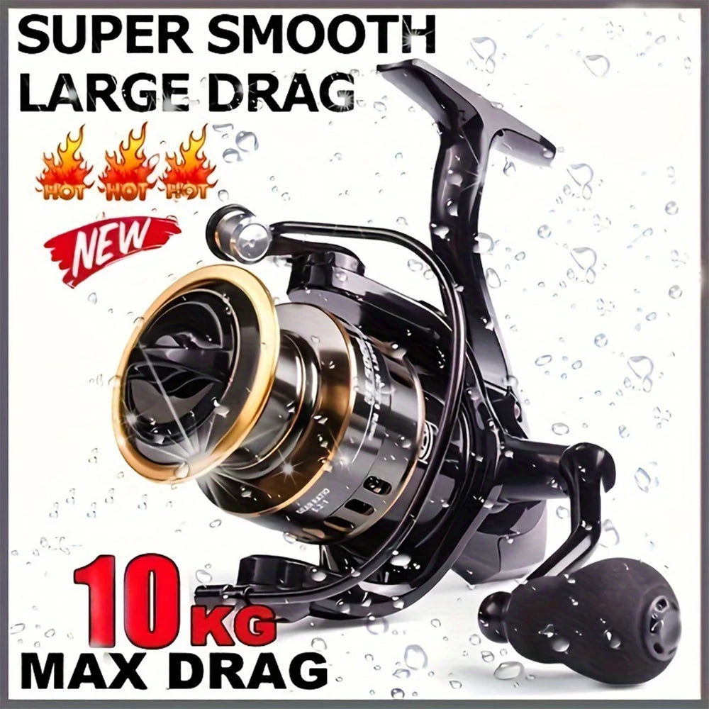 Spinning reels with metal spool and metal rocker arm, 5.2:1 gear ratio, suitable for both freshwater and saltwater fishing.