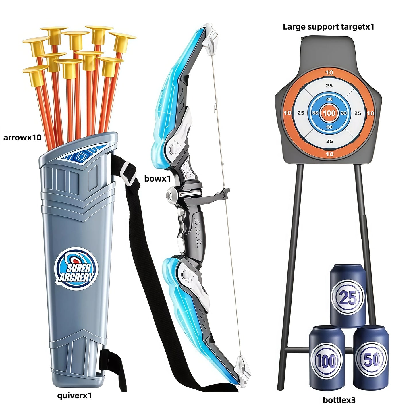 Bow and arrow set for kids, LED light archery playset, 10 suction cup arrows, big support dartboard, birthday gifts for boys