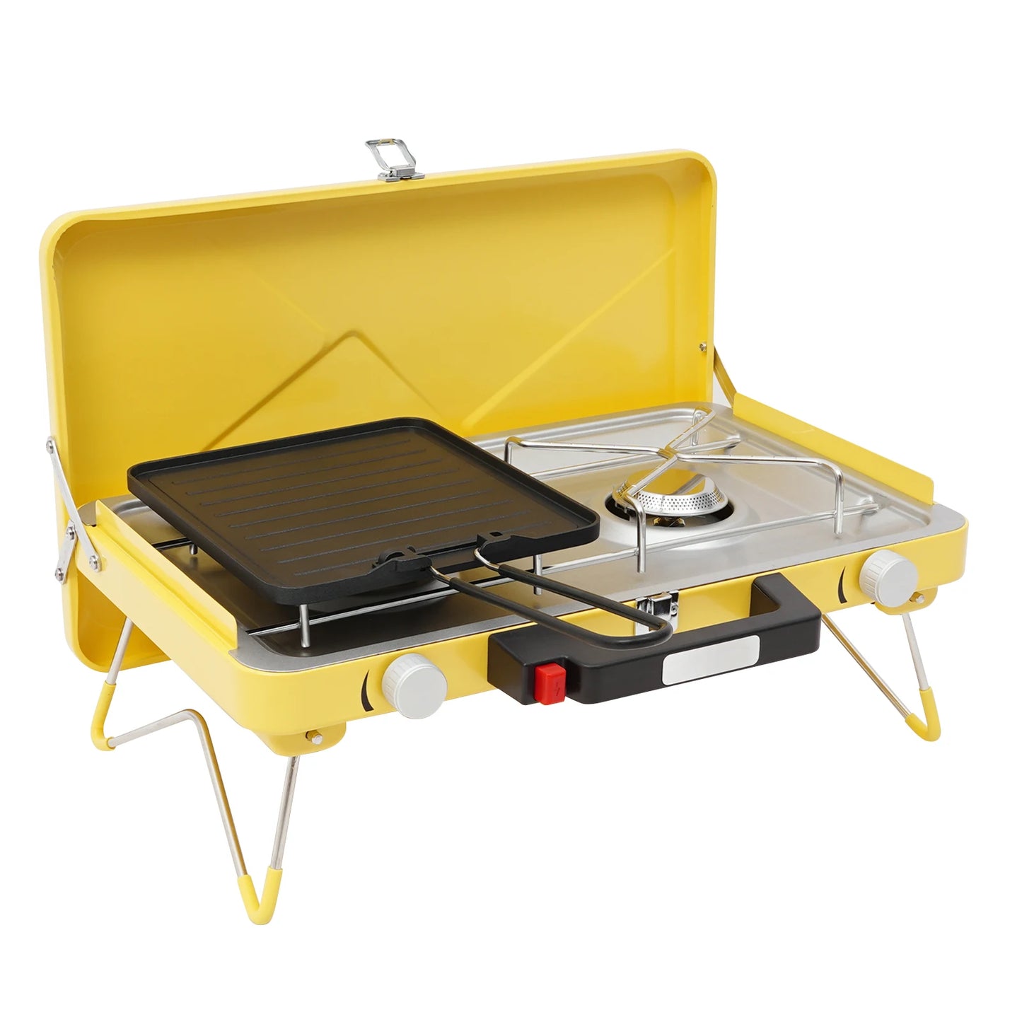 Dual Burner Outdoor Gas Stove 2×3500W Folding Portable Camping Stove Windproof Piezo Ignition Stainless Steel Cooker with Non-stick Tray for Picnic Hiking
