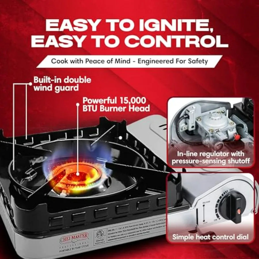 Portable camp stove for emergencies, tailgating, hiking, backpacking camping: 15, 000 BTU butane burner with double wind-guard