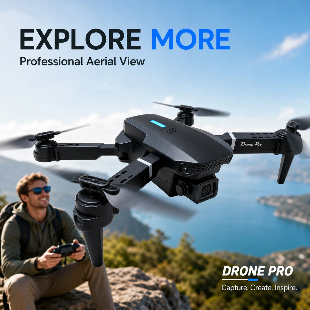 Black Foldable Drone Equipped with 4K High-Definition Camera Head, 1/2 Battery, 360° Roll, One Click Takeoff/Landing, WiFi Connection to Mobile Applications, Easy to Operate, Perfect Gift for Adults and Beginners, Remote Con
