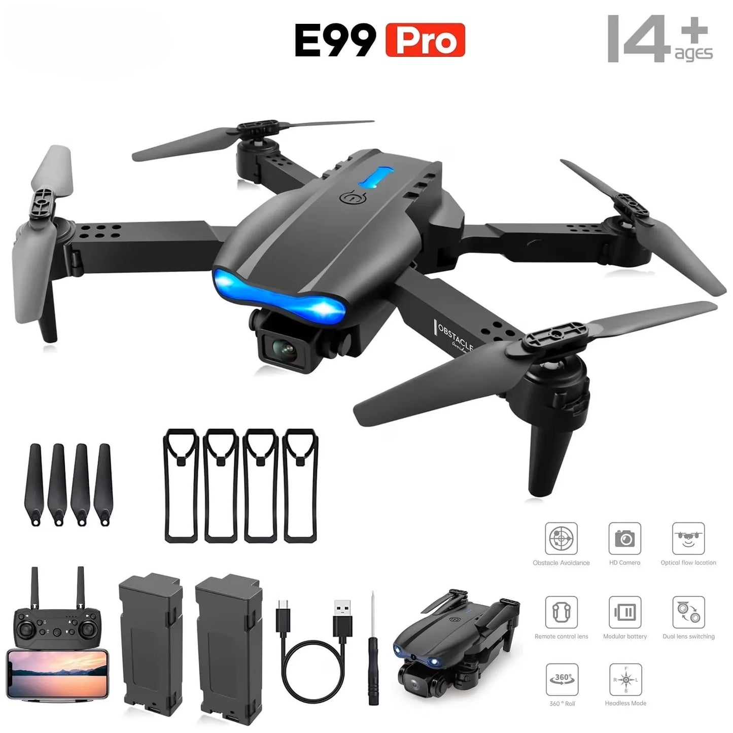 The Upgraded 2026 E99PRO MAX Drone Features Dual 8K Cameras, In-Screen Remote Control, Two Batteries, One-Key Return-to-Home, A Foldable Design, USB Charging, Wi-Fi Connectivity, and Flight Gaming Capabilities. This Drone Is