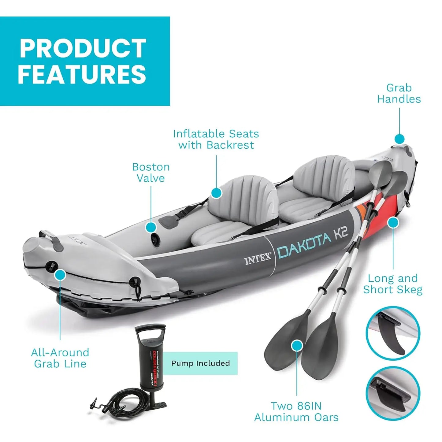 2-Person Inflatable Kayak Set, Dakota K2 with 86in Oars and Pump, Custom