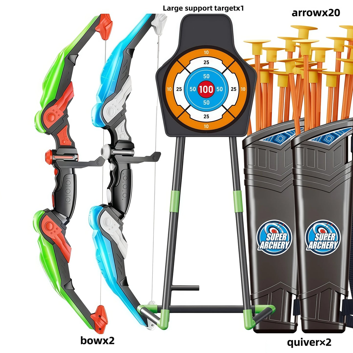 Bow and arrow set for kids, LED light archery playset, 10 suction cup arrows, big support dartboard, birthday gifts for boys