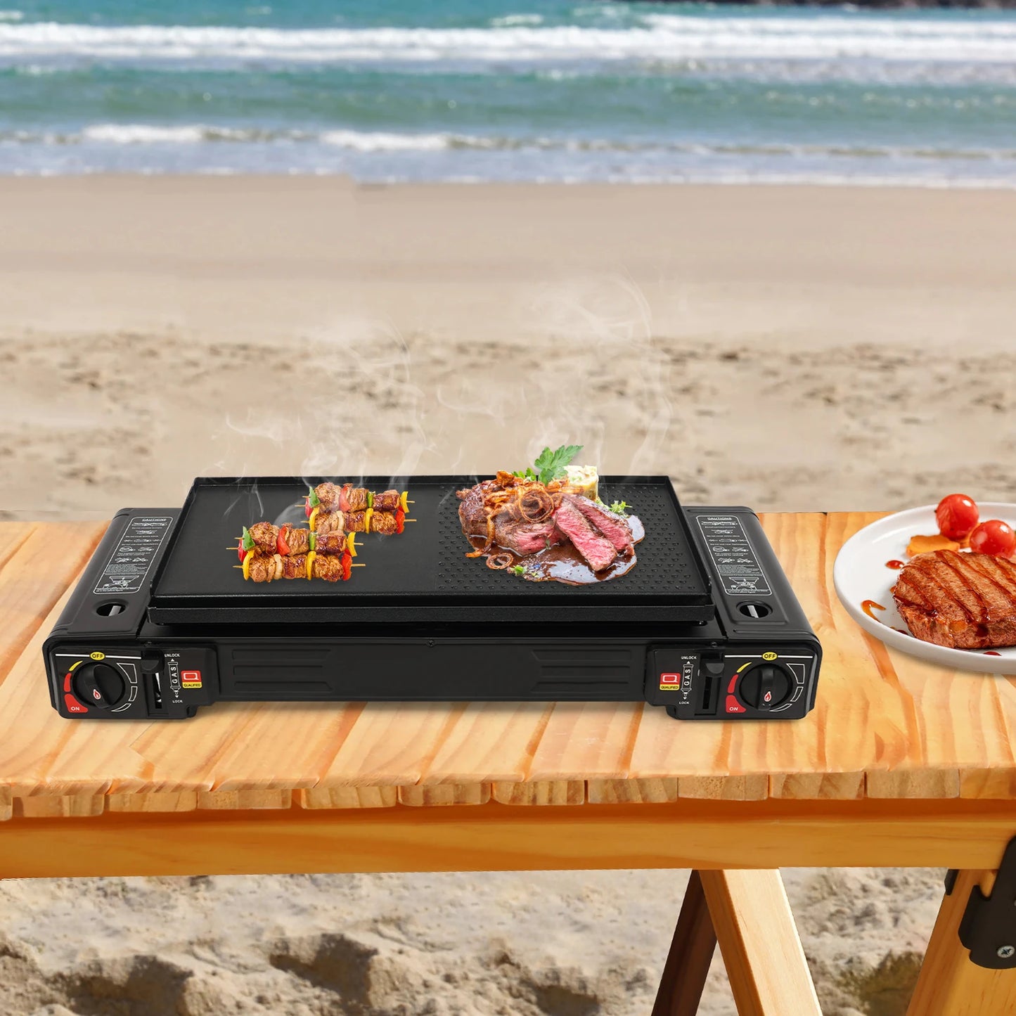 2500W Portable Camping Stove 2 Burners Camping Stove with Baking Tray & Portable Case Use Butane or LPG Home Application Outdoor