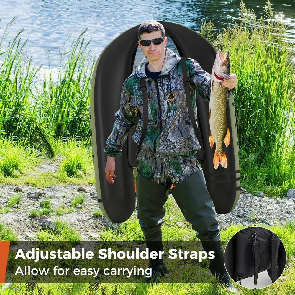 Inflatable Fishing Float Tube Belly Boat with Pump and Storage Bag Adjustable Straps Fish Ruler for Anglers 350LBS