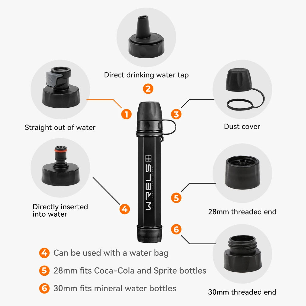 WRELS Outdoor Portable Water Purification Filter Carbon Fiber Water Purifier Hiking Camping Emergency Survival Supplies
