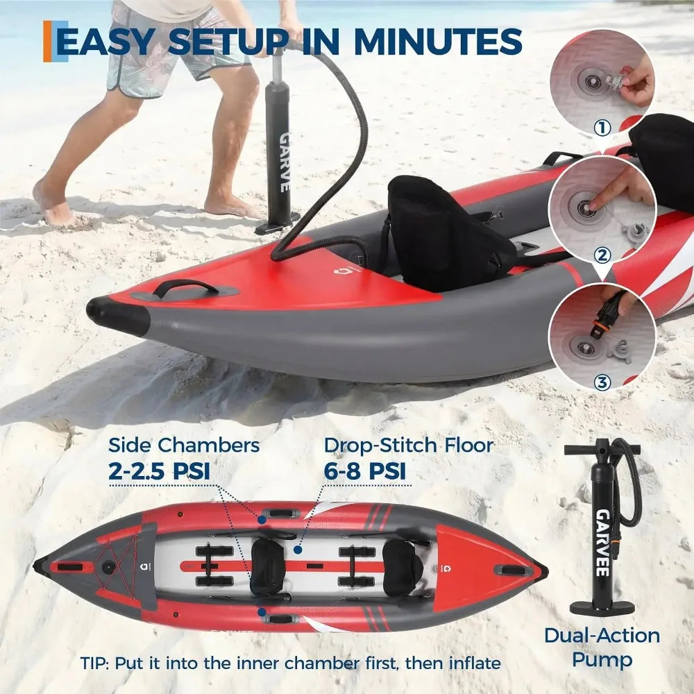 Heavy Duty PVC Inflatable Kayak, Padded Seat & 3 Fins for Fishing & Daily Water Use, Complete Accessories, Custom