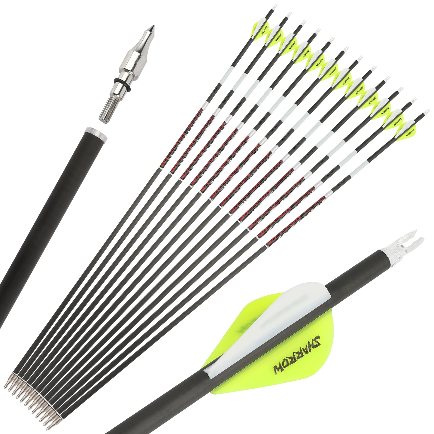 Pure Carbon Arrows 12Pcs Multi-Spine 300/400/500 ±0.003" Straightness 6.2mm ID for Recurve & Compound Bow Practice & Hunting