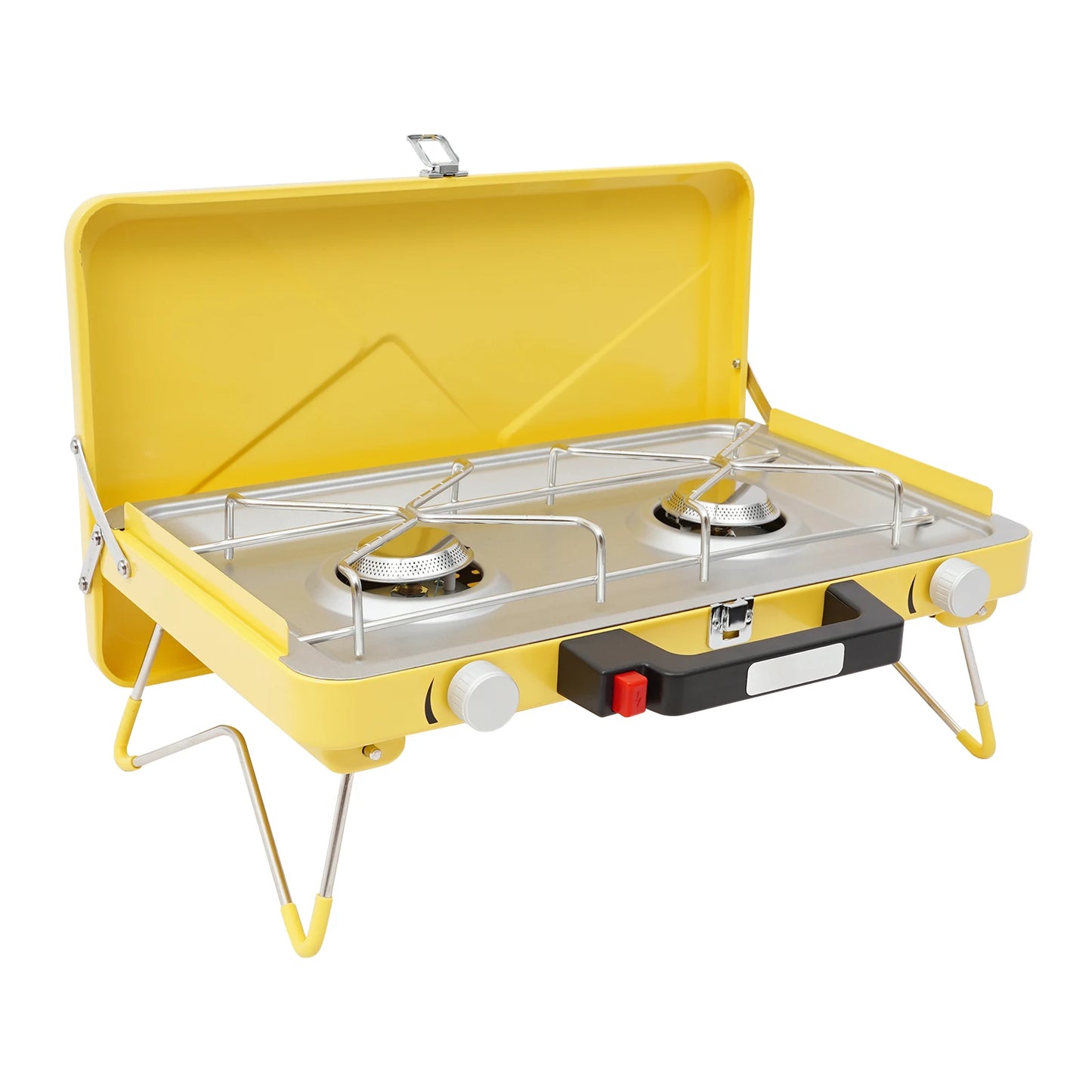 Dual Burner Outdoor Gas Stove 2×3500W Folding Portable Camping Stove Windproof Piezo Ignition Stainless Steel Cooker with Non-stick Tray for Picnic Hiking