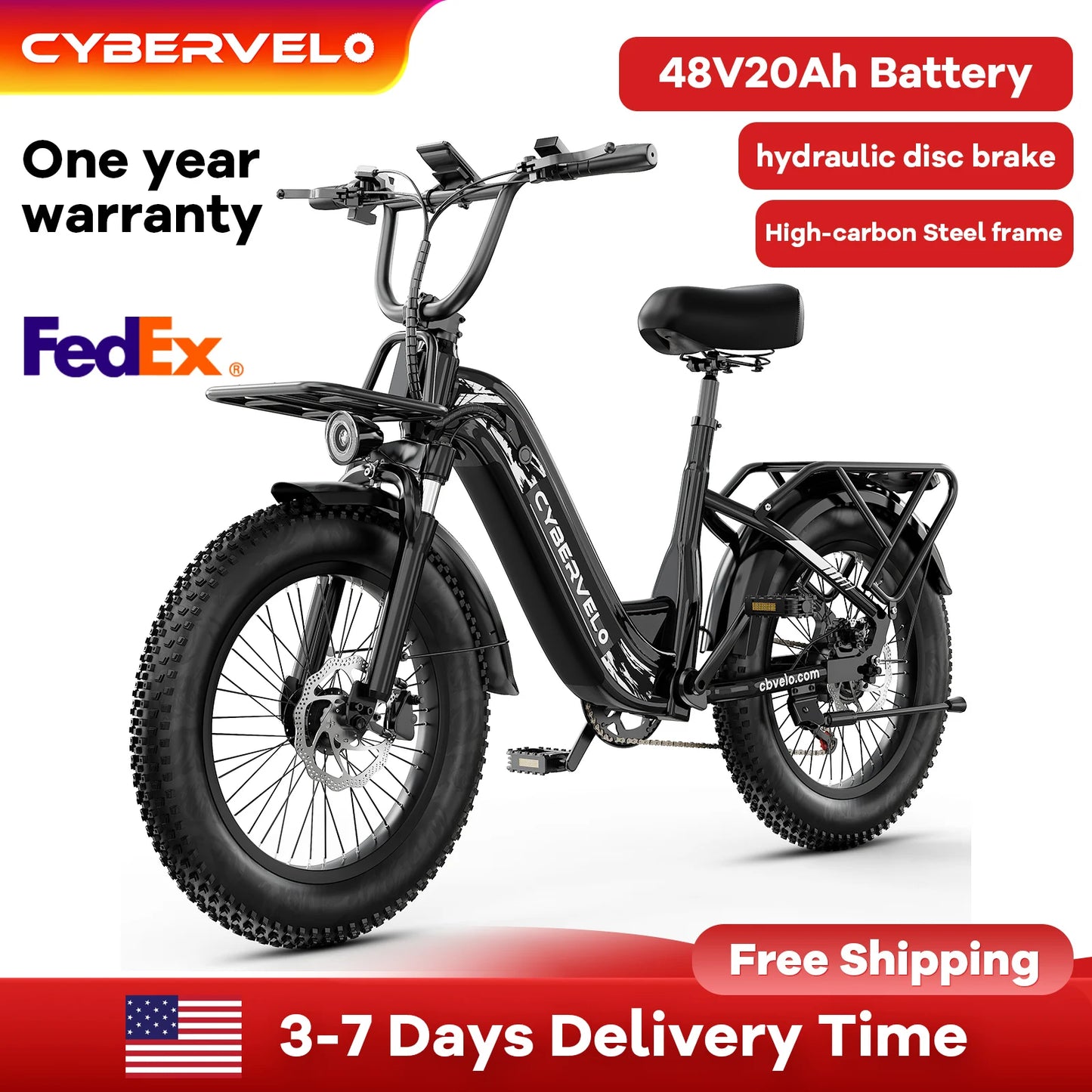 Cybervelo New arrival 20" Off-Road Sports E-bike, 1000W Peak 20ah Battery, 80 Miles Long Range 7-Speed Shift Electric Bike EK8