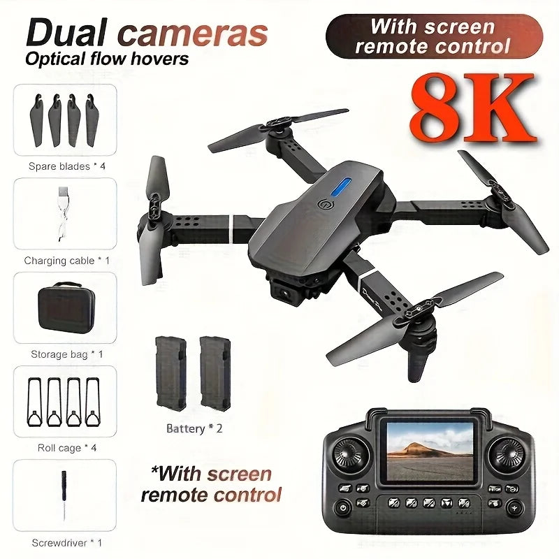 The Upgraded 2026 E99PRO MAX Drone Features Dual 8K Cameras, In-Screen Remote Control, Two Batteries, One-Key Return-to-Home, A Foldable Design, USB Charging, Wi-Fi Connectivity, and Flight Gaming Capabilities. This Drone Is