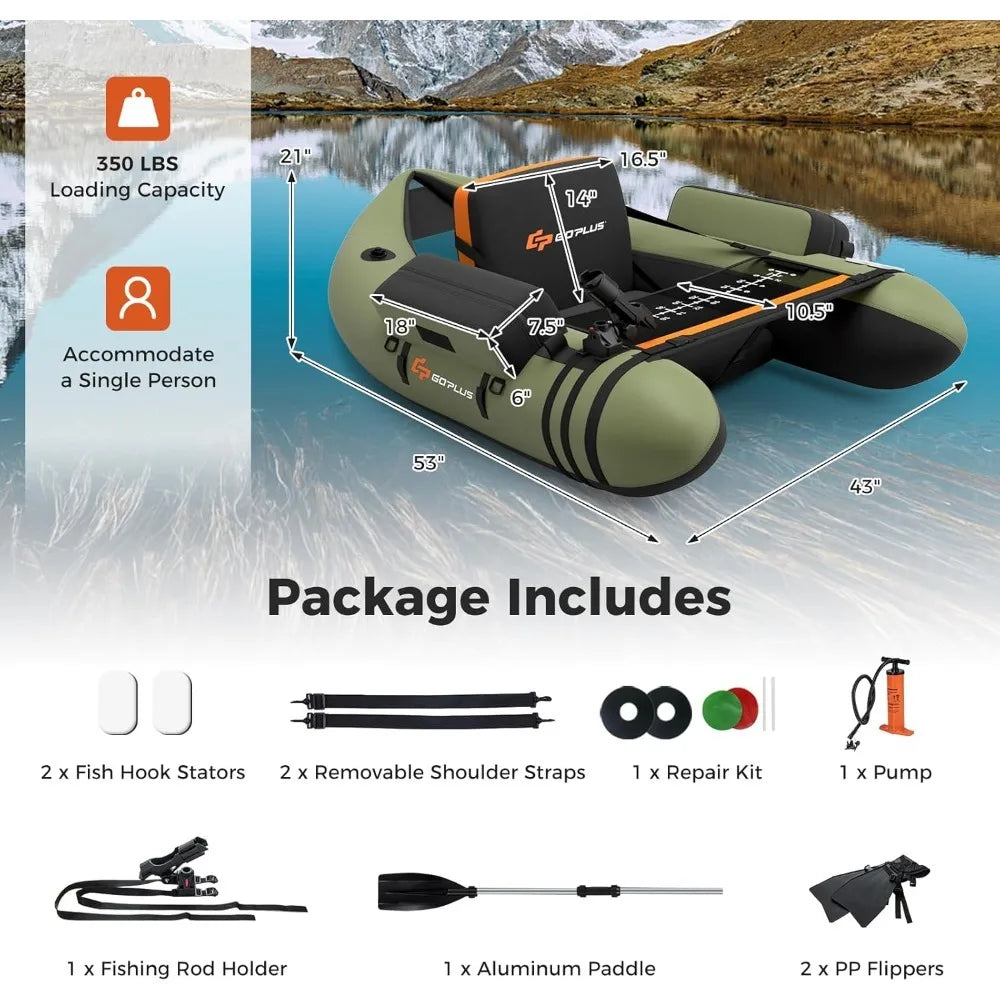 Inflatable Fishing Float Tube Belly Boat with Pump and Storage Bag Adjustable Straps Fish Ruler for Anglers 350LBS
