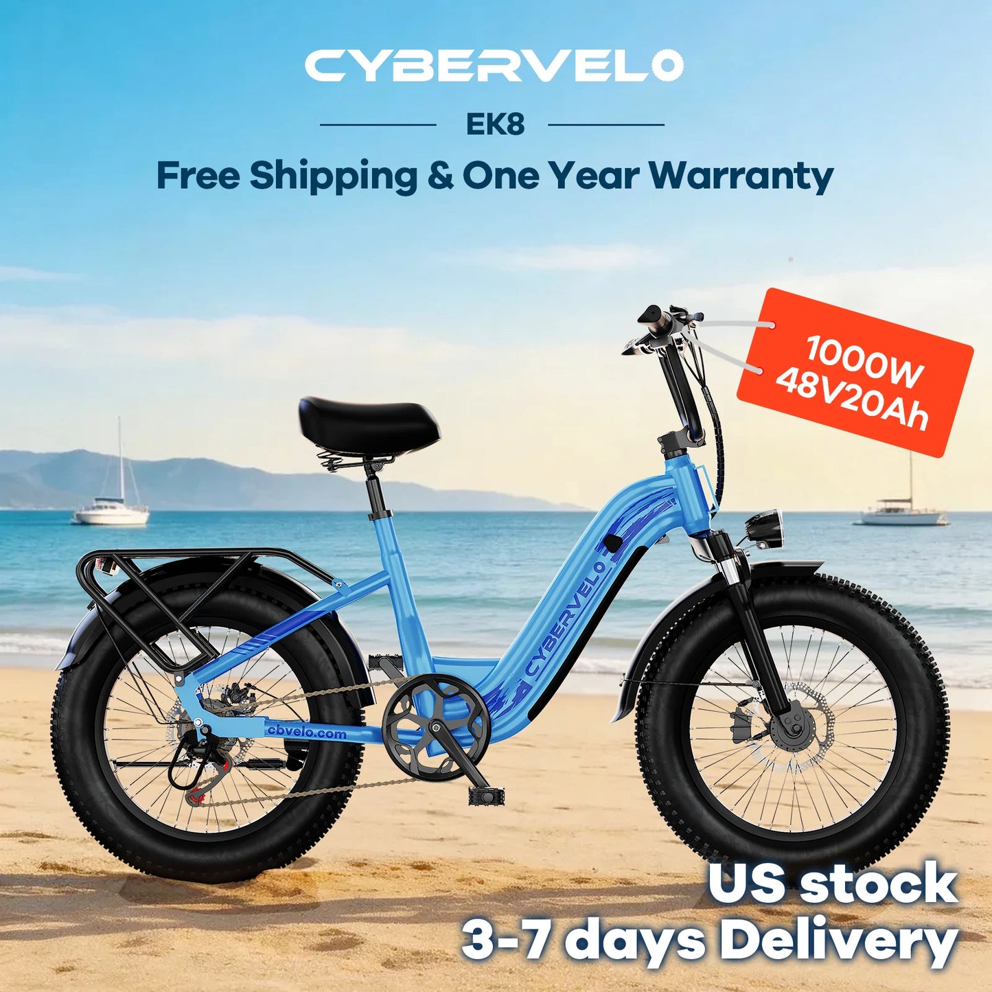Cybervelo New arrival 20" Off-Road Sports E-bike, 1000W Peak 20ah Battery, 80 Miles Long Range 7-Speed Shift Electric Bike EK8