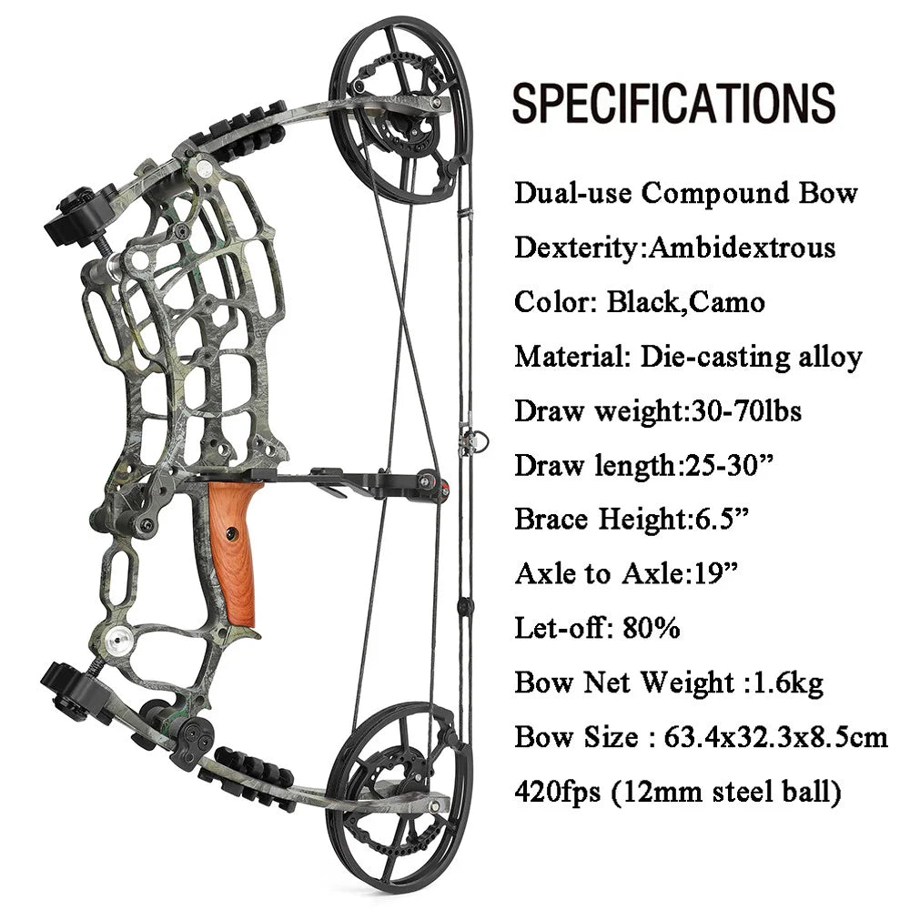 Archery Dual-use Compound Bow Set 30-60Lbs Multi-Function Archery Equipment Compatible with Steel Balls and Standard Arrows Fits Left & Right Hand Shooters for Outdoor Fishing Hunting and Recreational Target Practice
