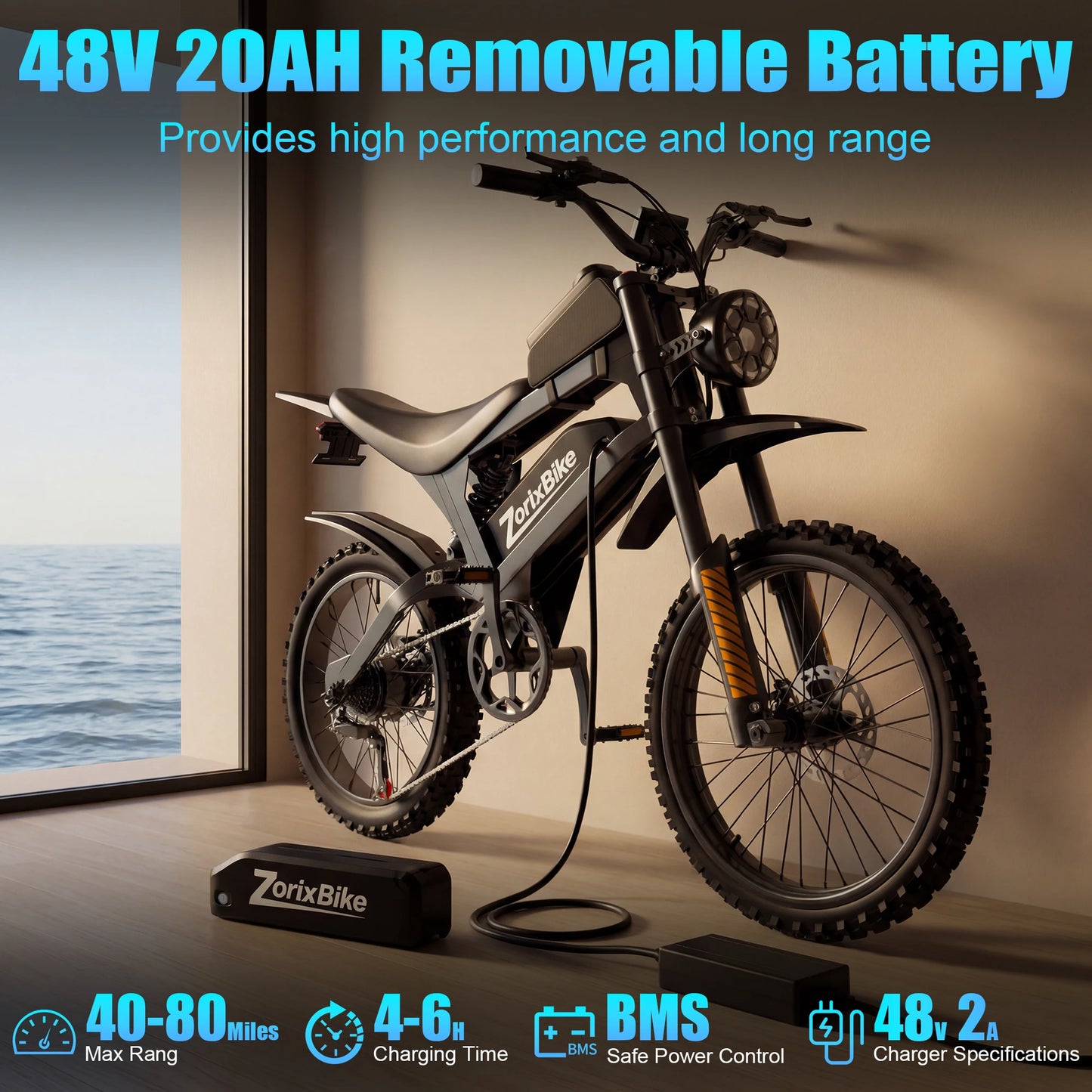 ZorixBike R8Max Adult Ebike 3000W Motor 35 MPH 48V 20Ah Lithium-Ion Battery 40-80 Mile Range Front 19"/ Rear 17"  Off-Road Tires