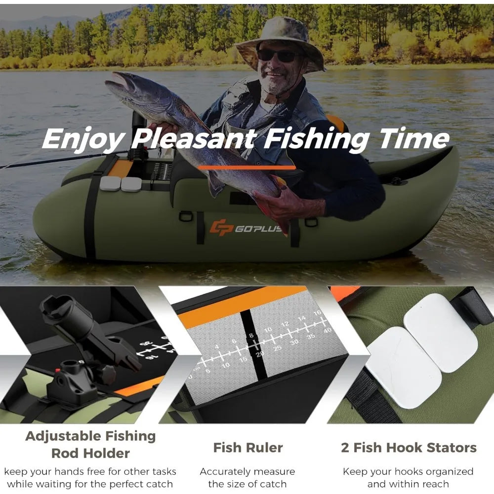 Inflatable Fishing Float Tube Belly Boat with Pump and Storage Bag Adjustable Straps Fish Ruler for Anglers 350LBS