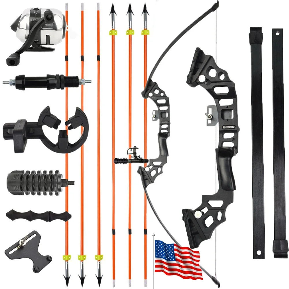 Archery Bowfishing Set 40 Pound Recurve Straight Bow Matching Solid Fiberglass Fish Arrows Equipped with Fishing Reel Full Accessory Kit for Adult Outdoor Water Fishing Hunting Practice Equipment