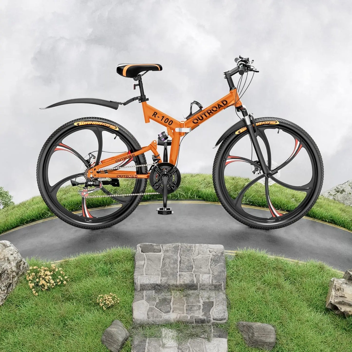 Outroad 26 Inch Folding Mountain Bike, 21 Speed Full Suspension High-Carbon Steel MTB Foldable Bicycle, Dual Disc, Customized