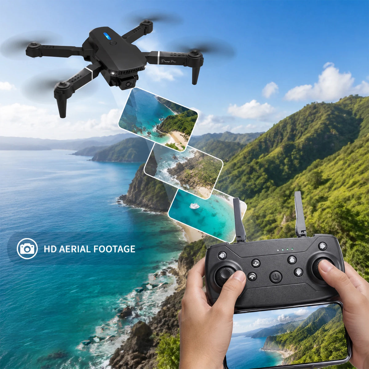 Black Foldable Drone Equipped with 4K High-Definition Camera Head, 1/2 Battery, 360° Roll, One Click Takeoff/Landing, WiFi Connection to Mobile Applications, Easy to Operate, Perfect Gift for Adults and Beginners, Remote Con