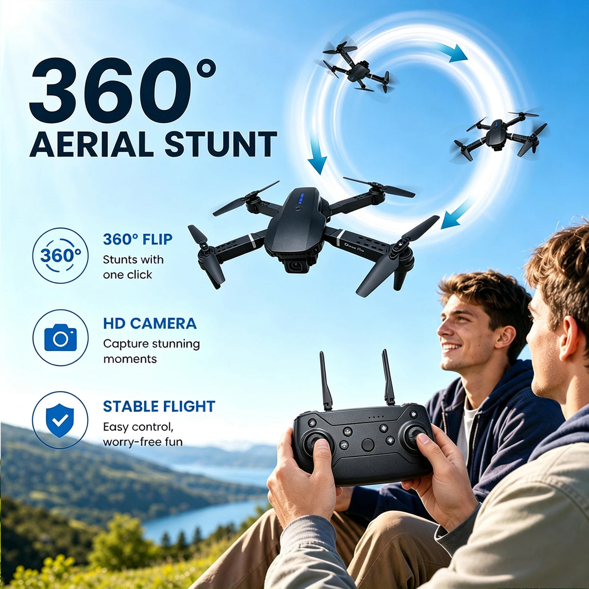 Black Foldable Drone Equipped with 4K High-Definition Camera Head, 1/2 Battery, 360° Roll, One Click Takeoff/Landing, WiFi Connection to Mobile Applications, Easy to Operate, Perfect Gift for Adults and Beginners, Remote Con