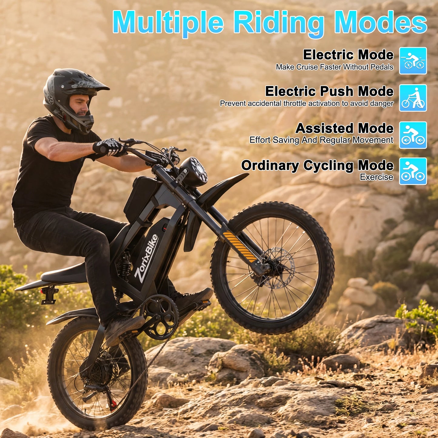 ZorixBike R8Max Adult Ebike 3000W Motor 35 MPH 48V 20Ah Lithium-Ion Battery 40-80 Mile Range Front 19"/ Rear 17"  Off-Road Tires