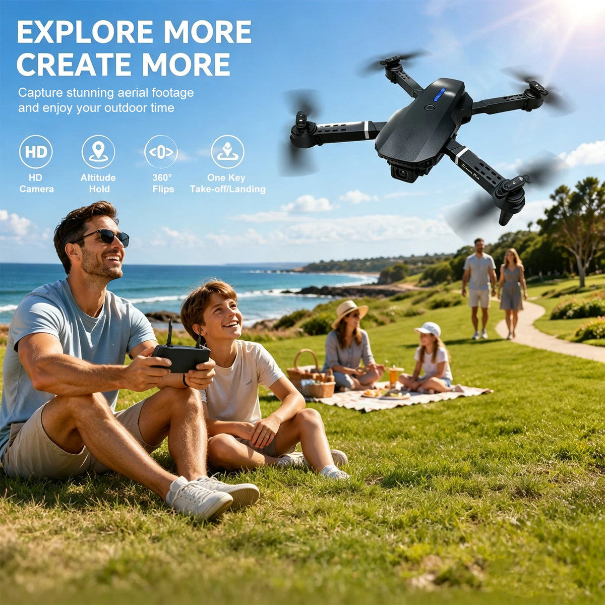 Black Foldable Drone Equipped with 4K High-Definition Camera Head, 1/2 Battery, 360° Roll, One Click Takeoff/Landing, WiFi Connection to Mobile Applications, Easy to Operate, Perfect Gift for Adults and Beginners, Remote Con