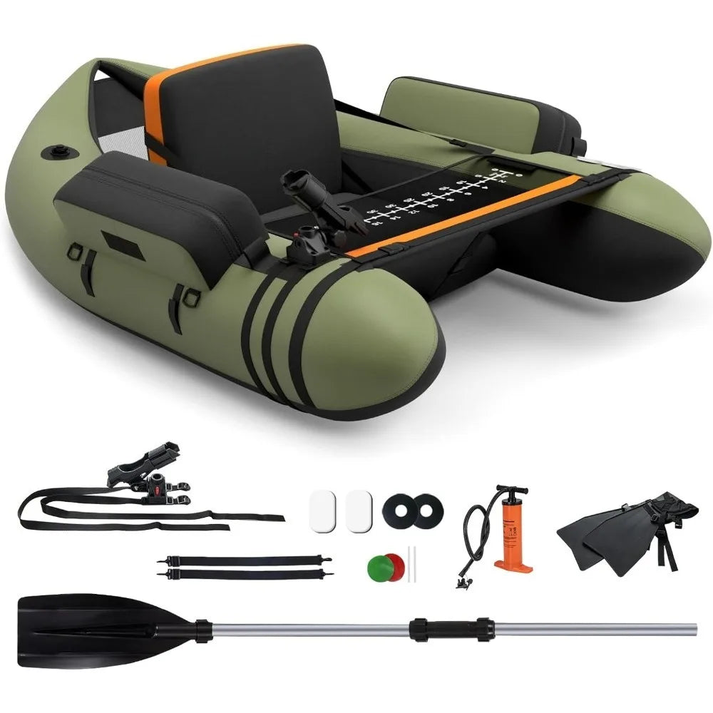 Inflatable Fishing Float Tube Belly Boat with Pump and Storage Bag Adjustable Straps Fish Ruler for Anglers 350LBS