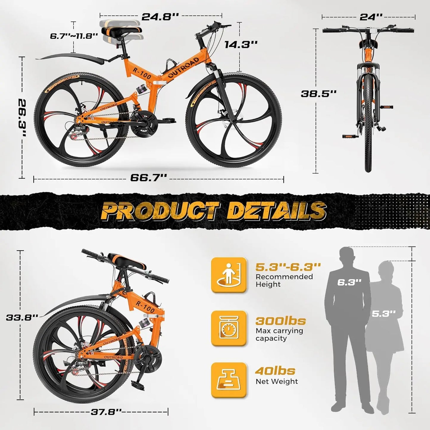 Outroad 26 Inch Folding Mountain Bike, 21 Speed Full Suspension High-Carbon Steel MTB Foldable Bicycle, Dual Disc, Customized