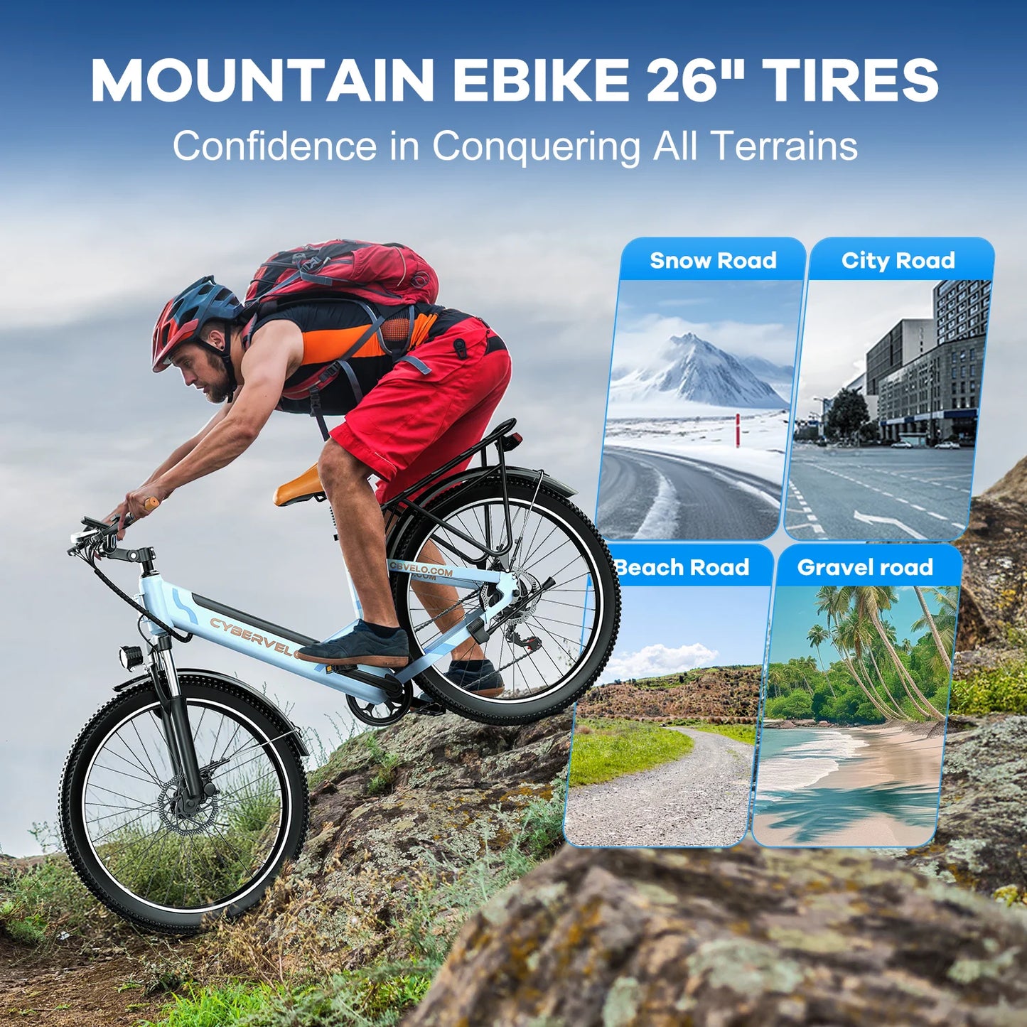 Cybervelo Urban Commute E-Bike 48V 1000W Peak Motor Detachable Battery 7-Speed Shift Electric Bike 26" Step-Thru Adults EK2