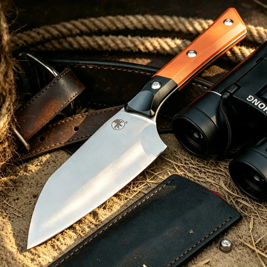 D2 Steel Fixed Blade Cleaver Knife G10 Aluminum Handle EDC Knife Compact Bushcraft Utility Knife Outdoor Processing Hiking Knife Fixed Blade Knife with Hard Sheath Gift for Men