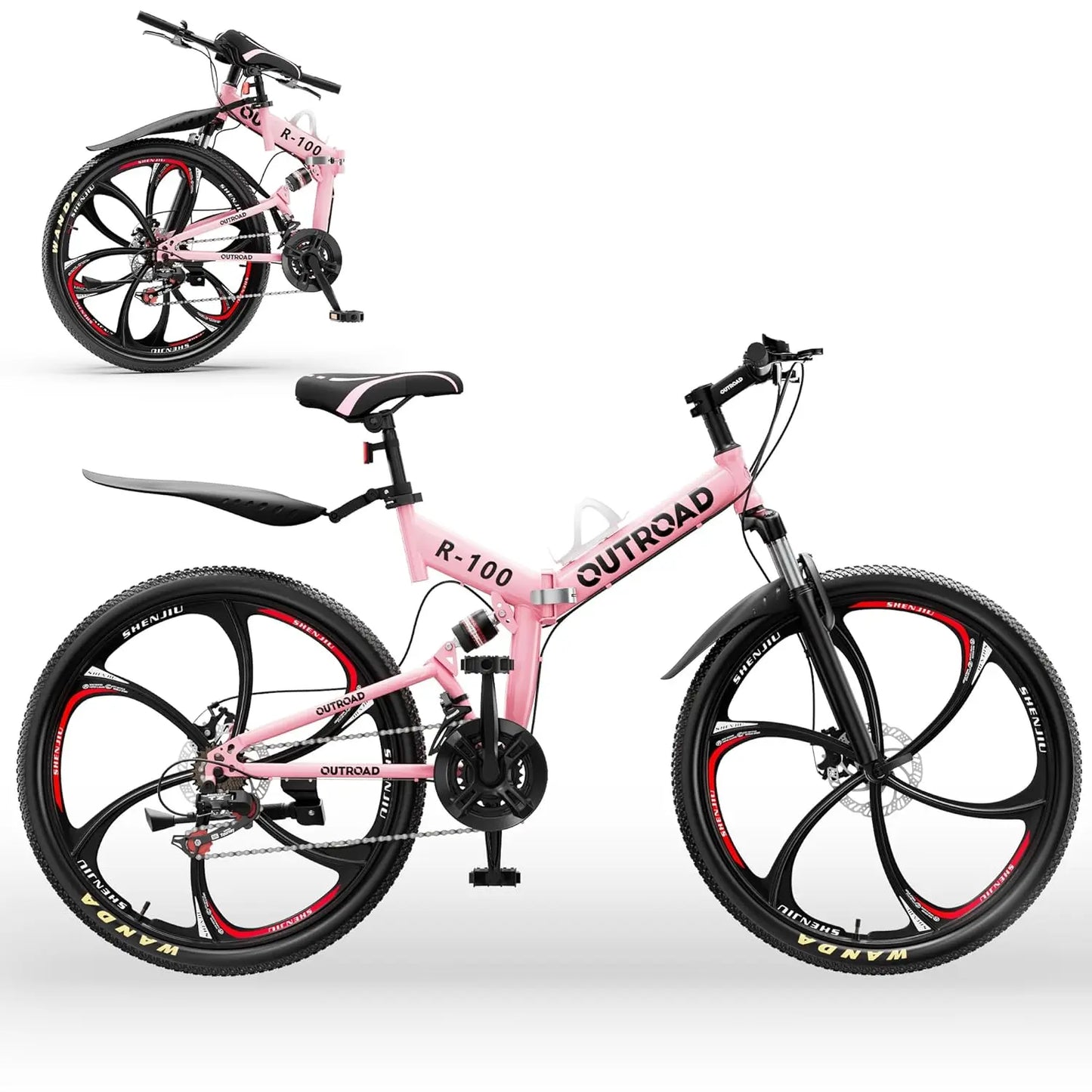 Outroad 26 Inch Folding Mountain Bike, 21 Speed Full Suspension High-Carbon Steel MTB Foldable Bicycle, Dual Disc, Customized