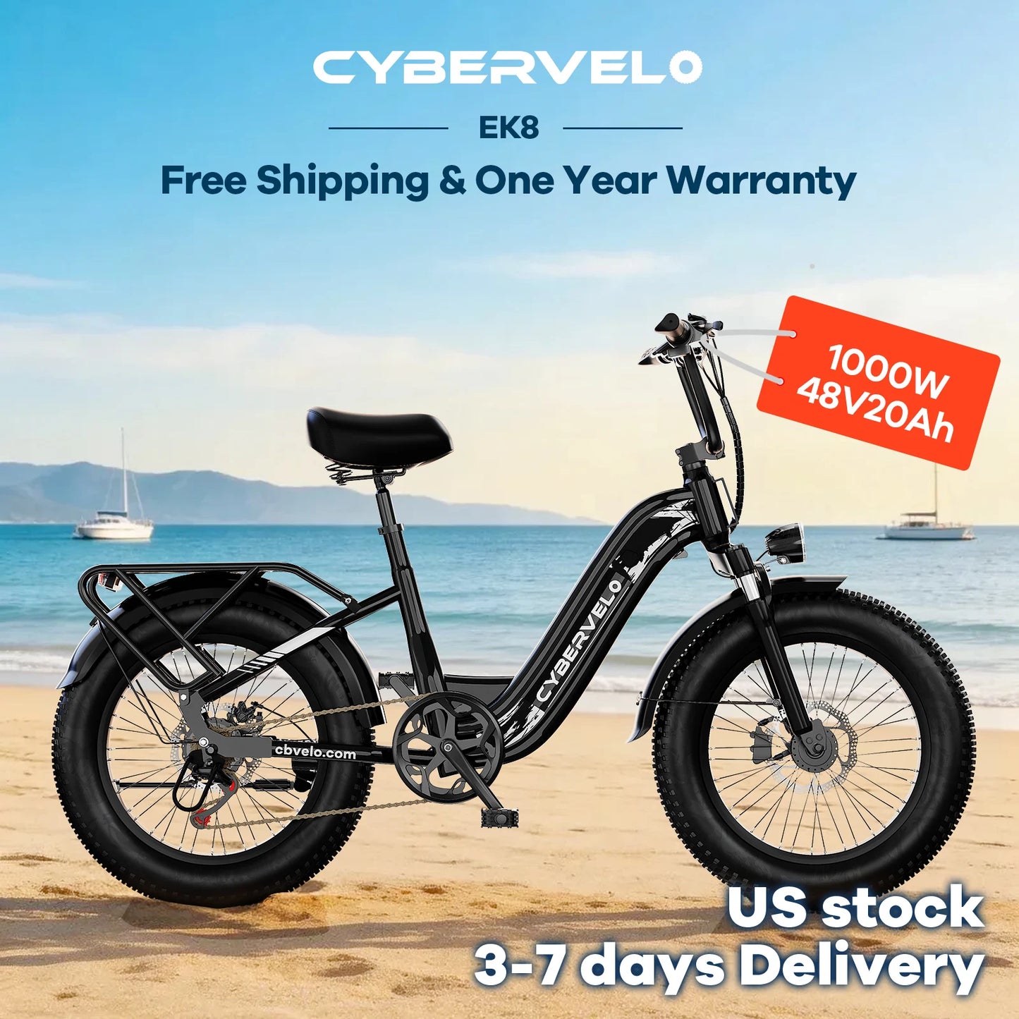 Cybervelo New arrival 20" Off-Road Sports E-bike, 1000W Peak 20ah Battery, 80 Miles Long Range 7-Speed Shift Electric Bike EK8