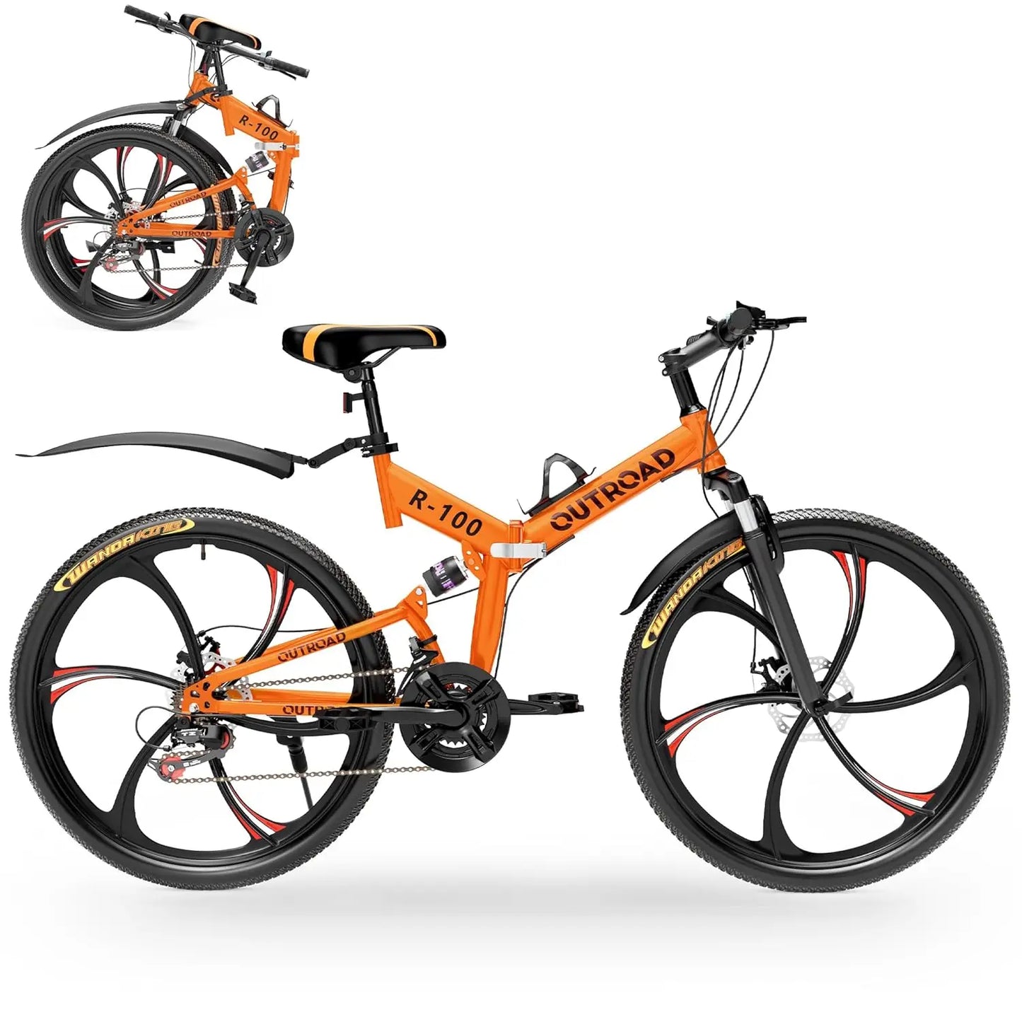 Outroad 26 Inch Folding Mountain Bike, 21 Speed Full Suspension High-Carbon Steel MTB Foldable Bicycle, Dual Disc, Customized