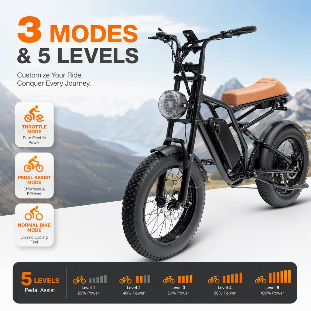 750W Fat Tire Electric Bike for Adults, 48V 15.6Ah E-Bike with 3 Riding Modes & 5 PAS Levels, Shimano 7-Speed, Full Suspension, E-ABS Brakes, 20"x4" Retro All-Terrain Electric Bicycle (50km Range)