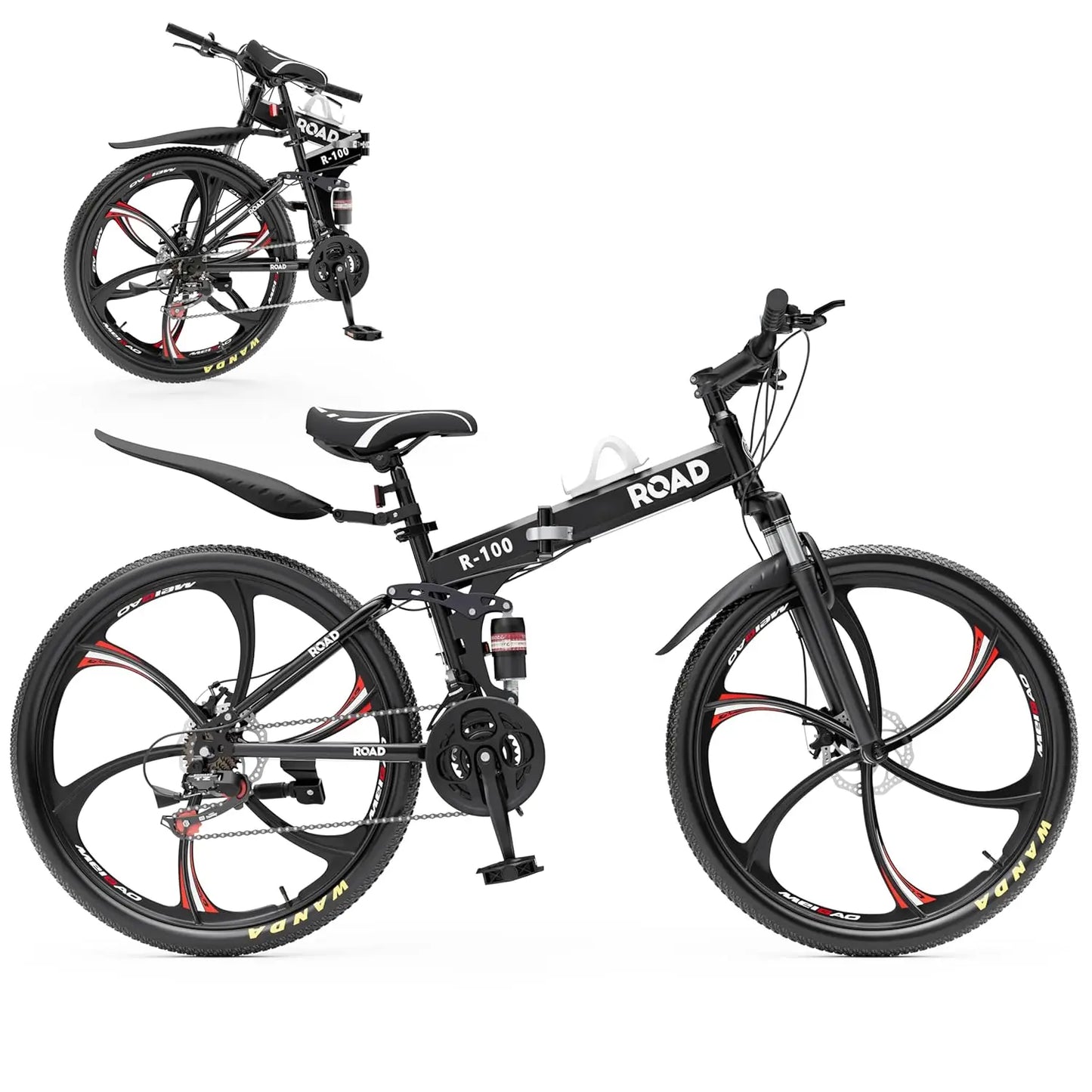 Outroad 26 Inch Folding Mountain Bike, 21 Speed Full Suspension High-Carbon Steel MTB Foldable Bicycle, Dual Disc, Customized