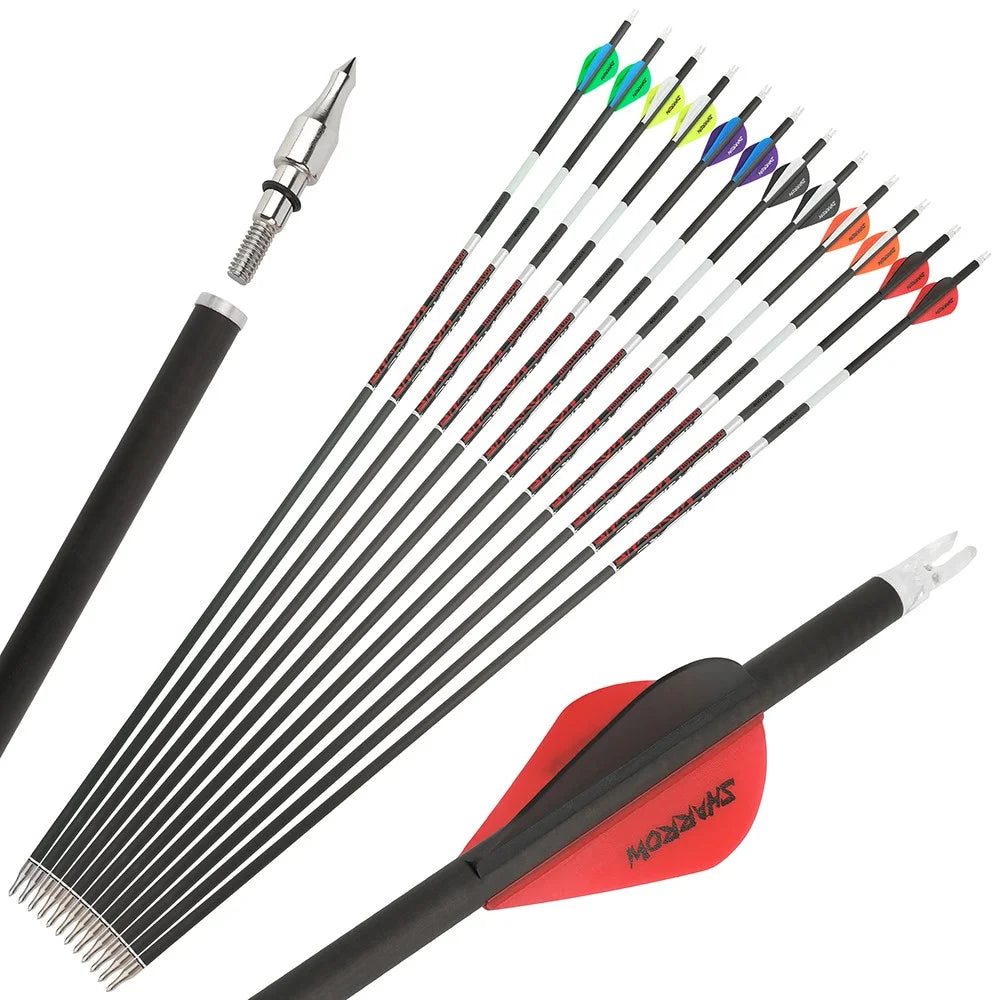 Pure Carbon Arrows 12Pcs Multi-Spine 300/400/500 ±0.003" Straightness 6.2mm ID for Recurve & Compound Bow Practice & Hunting