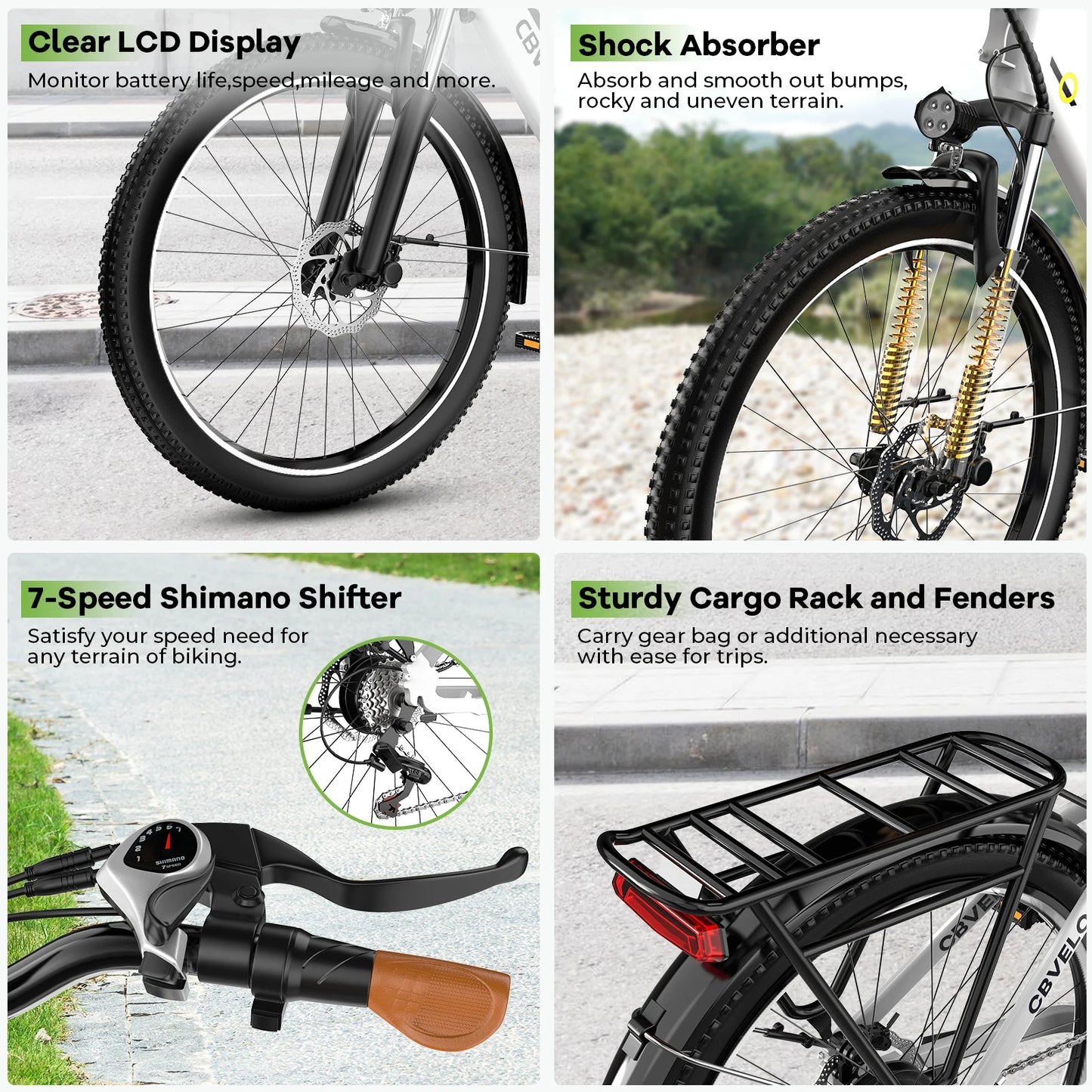 Cybervelo Urban Commute E-Bike 48V 1000W Peak Motor Detachable Battery 7-Speed Shift Electric Bike 26" Step-Thru Adults EK2