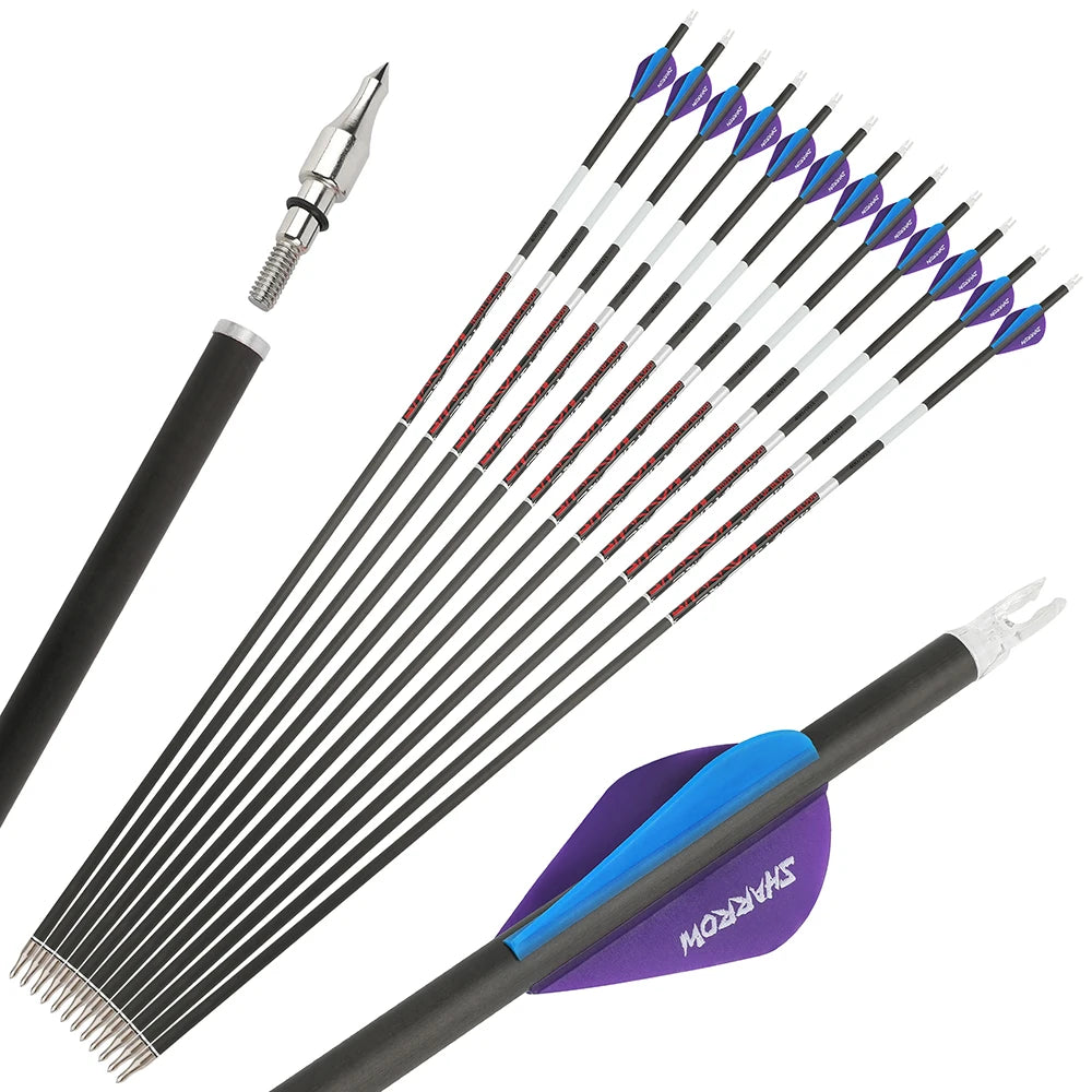 Pure Carbon Arrows 12Pcs Multi-Spine 300/400/500 ±0.003" Straightness 6.2mm ID for Recurve & Compound Bow Practice & Hunting
